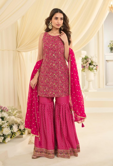 Rani Pink Embroidered Georgette Designer Sarara Kameez